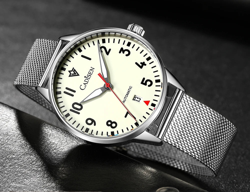 CADISEN Automatic Watch Men Luminous Stainless Steel Self-Wind Wristwatch NH35A Sapphire Waterproof Mesh Belt Mechanical Watch