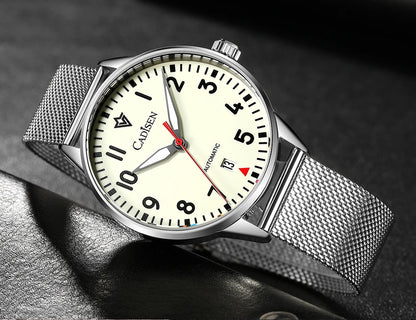 CADISEN Automatic Watch Men Luminous Stainless Steel Self-Wind Wristwatch NH35A Sapphire Waterproof Mesh Belt Mechanical Watch