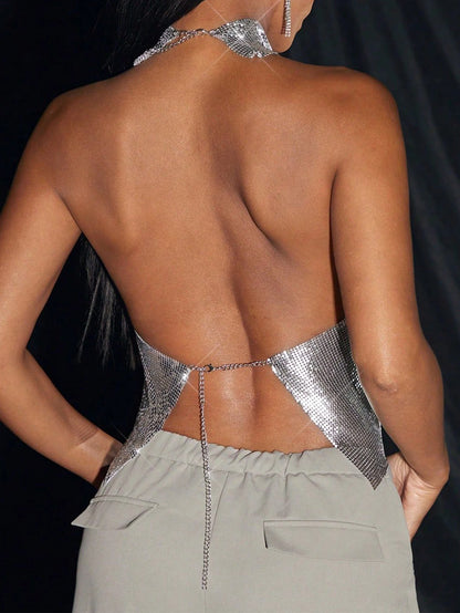 Clothes metal sequin crop top women clothing summer cropped halter tank top hotwife nightclub party tops rave outfits