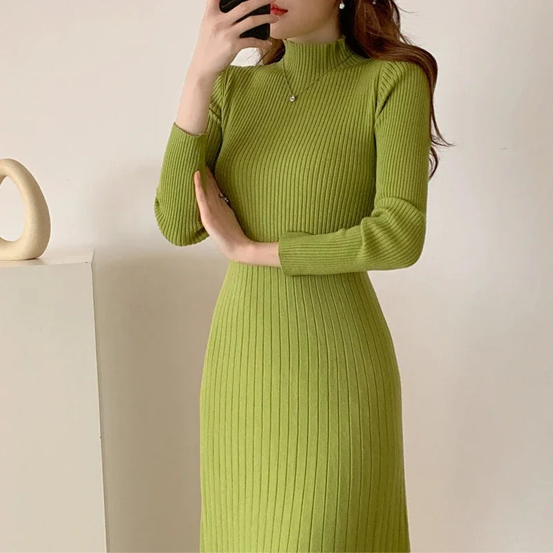 Slim Long Sleeve Party Midi Dress for Women Knitted Half High Collar Elegant Knitted Sweater Dresses Ladies
