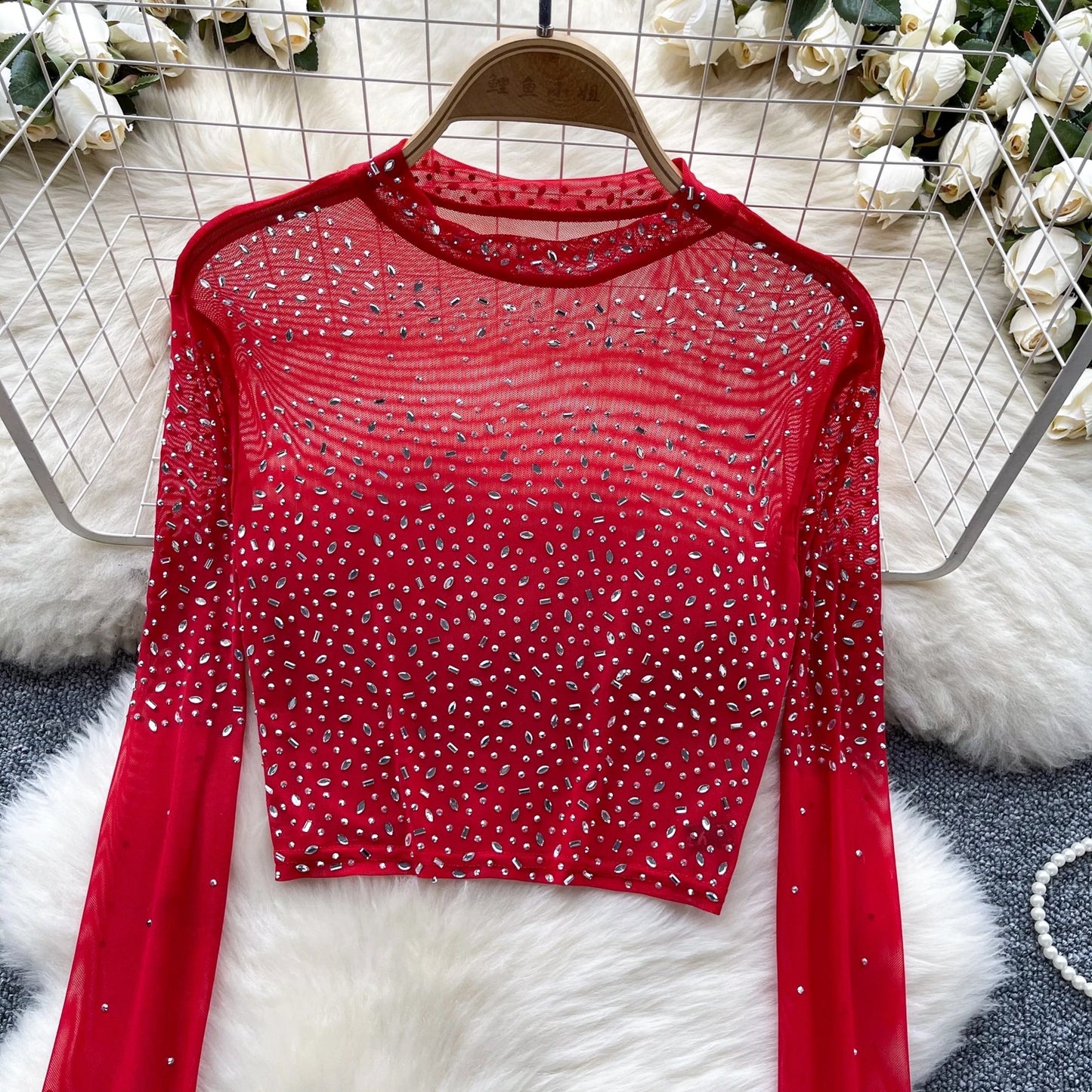 Thin See-tough Long Sve Me T-shirt ort Heavy-du Rhinestone Base irt Korean Sle Creative Pattern