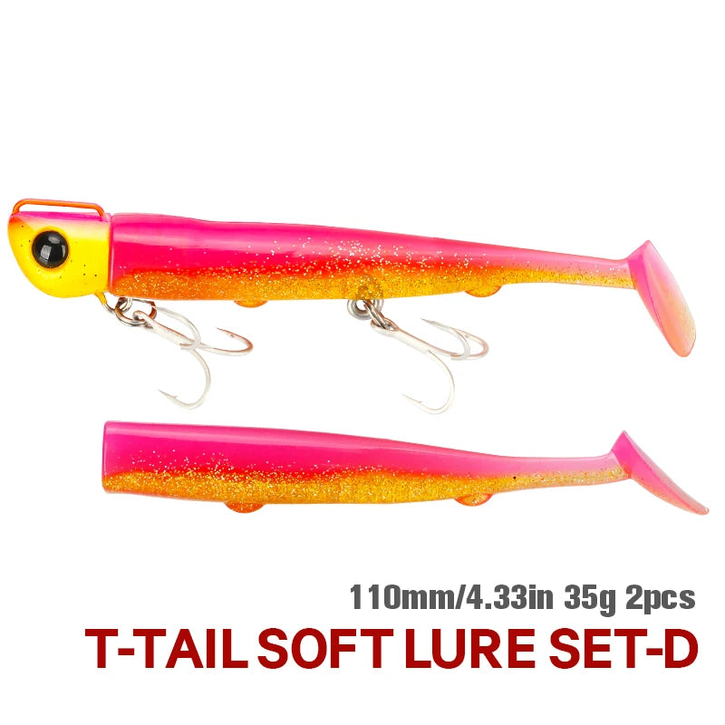 Jig Head Soft Fishing Lure 110mm 35g Long Casting Sea Bass Flounder Soft Body Swimbait Set With Saltwater Treble Hook