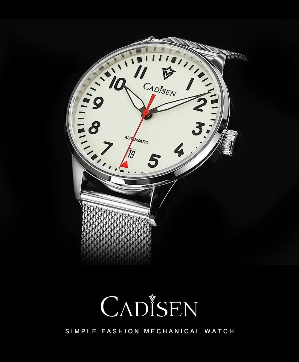 CADISEN Automatic Watch Men Luminous Stainless Steel Self-Wind Wristwatch NH35A Sapphire Waterproof Mesh Belt Mechanical Watch