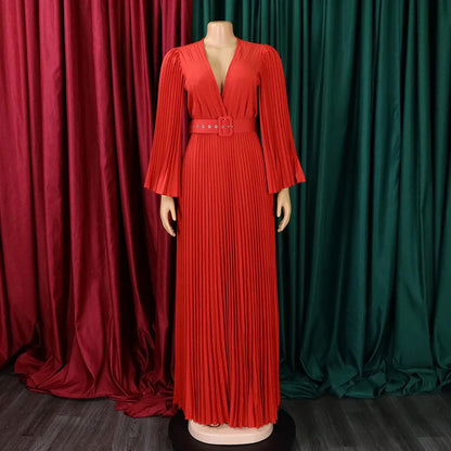 V-neck Flare Sleeve Big Swing Floor Length Maxi Long Dresses  Women Autumn Winter Party Prom Dress