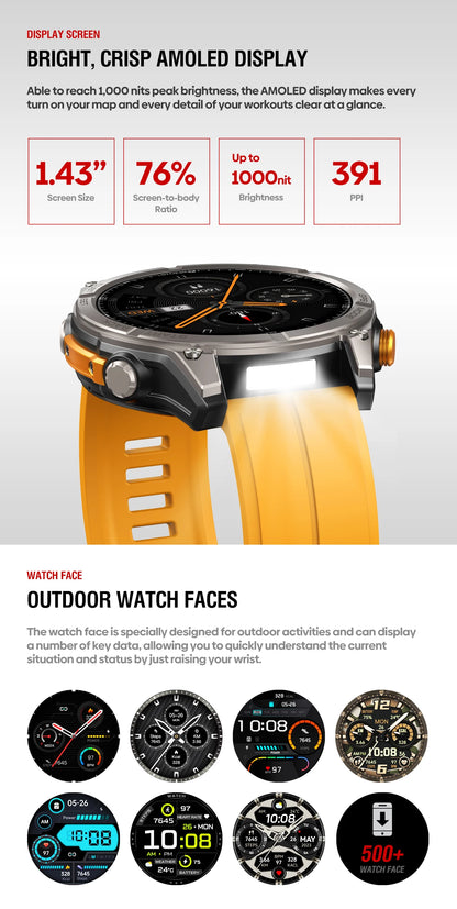 Zeblaze Stratos 4 GPS Smartwatch 1.43" AMOLED Screen Compass Barometric Altimeter Flashlight Voice Calling Smart Watch
