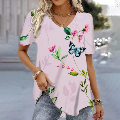 Butterfly Printed Short Sleeve T-shirt Korean Style Women's Clothes 2024 V-neck Short Sleeves Tees Shirt Loose Casual Blouses