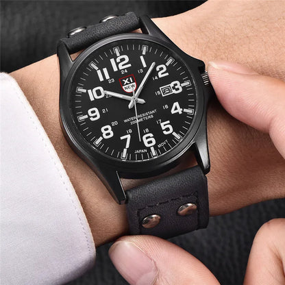 Genuine XINEW Brand Men Watches Black Students Fashion Leather Band Sports Date Quartz Wrist Watch Montre Homme Reloj Hombre