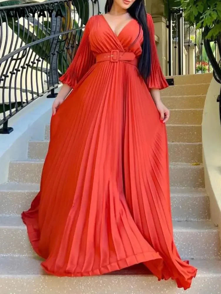 V-neck Flare Sleeve Big Swing Floor Length Maxi Long Dresses  Women Autumn Winter Party Prom Dress