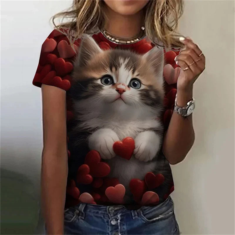 T-shirt 3D Printed Kawaii Cat Pattern Short Sleeved Round neck Top Summer Outdoor Casual Street Simple Clothing