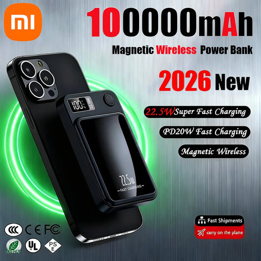 100000mAh Magnetic Wireless Power Bank Fast Charger For Magsafe Portable Auxiliary Battery Pack For iphone Huawei Samsung