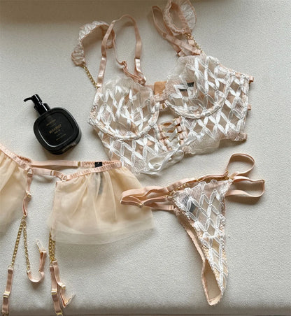 Embroidered Flying Sleeve Outer Lingerie Sexy Fishbone Corset Long Vest Style Bra Set of Three Women Underwear