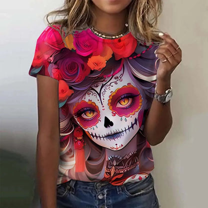 T-shirt for Girls Summer Short Sleeve Casual Sexy Girls Clothes Horror Undead Skull Pattern oversized T-shirts