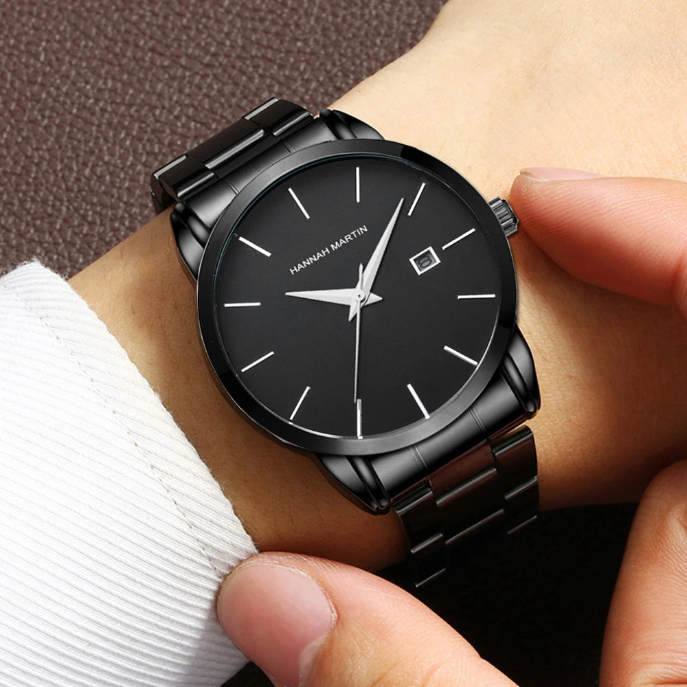 Hannah Martin Men's Stainless Steel Watch Fashion Business Style Black Minimalist Style 3Bar Waterproof Quartz Movement Watches