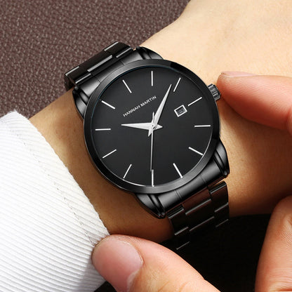 Hannah Martin Men's Stainless Steel Watch Fashion Business Style Black Minimalist Style 3Bar Waterproof Quartz Movement Watches