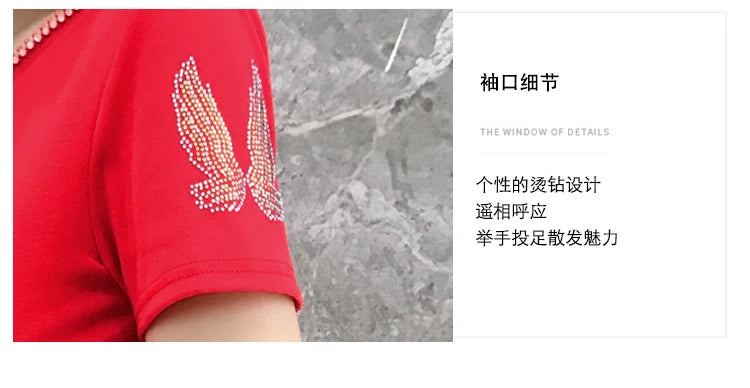 T-shirt For Summer Short Sleeve Pulovers Clothes Casual Aesthetic Cotton Tops Sexy V Neck Zipper Diamonds Tees