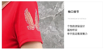 T-shirt For Summer Short Sleeve Pulovers Clothes Casual Aesthetic Cotton Tops Sexy V Neck Zipper Diamonds Tees