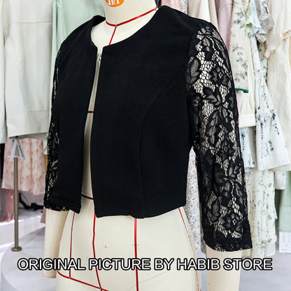 Women' Solid Casual Outwear Lace Long Sleeve Jacket Spring Autumn Elegant Zipper Coat Office Wear Slim Office Coat Crop Top