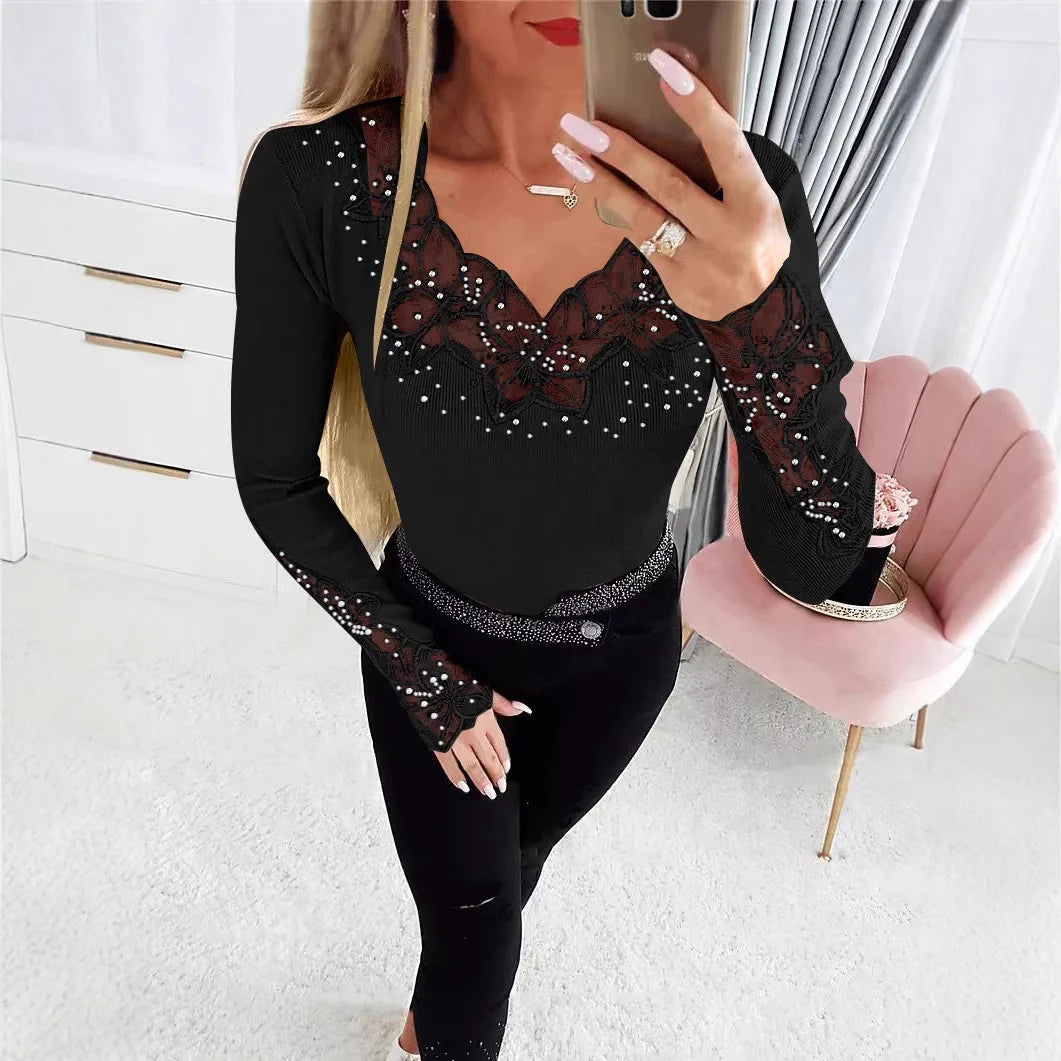 Women's T-Shirt Clothes New Solid Color Collar and Cuffs Splicing Lace Lace Rhinestone Long-sleeved T-shirt Tops Female