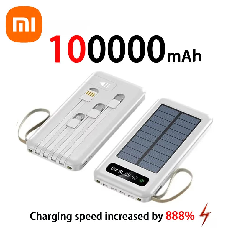 200000mAh Solar Power Bank Large Capacity Mobile Power Fast Charging Battery With Dual USB 4 Cables For iPhone Samsung