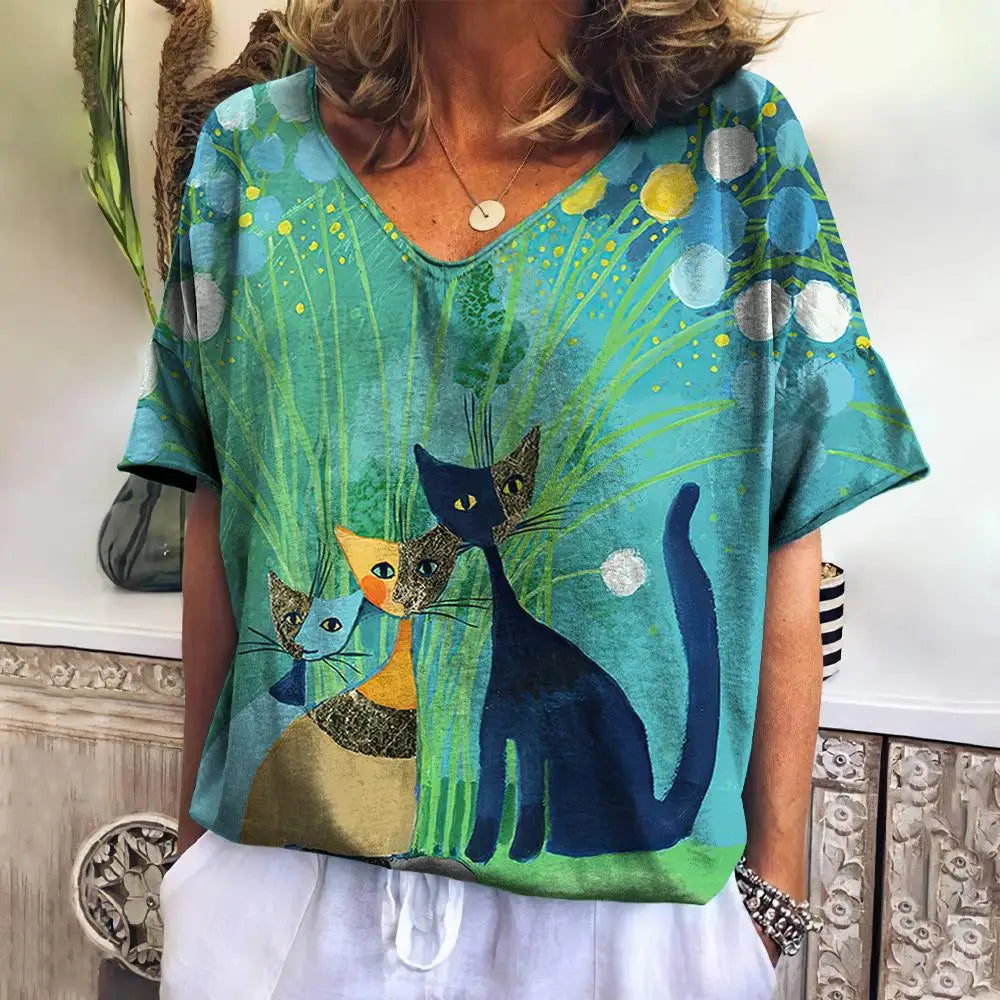 Women T Shirts Cartoon Cat Graphic Girls Clothing Large Size V Neck Short Sleeve Tee Summer Fashion Casual Female Clothing