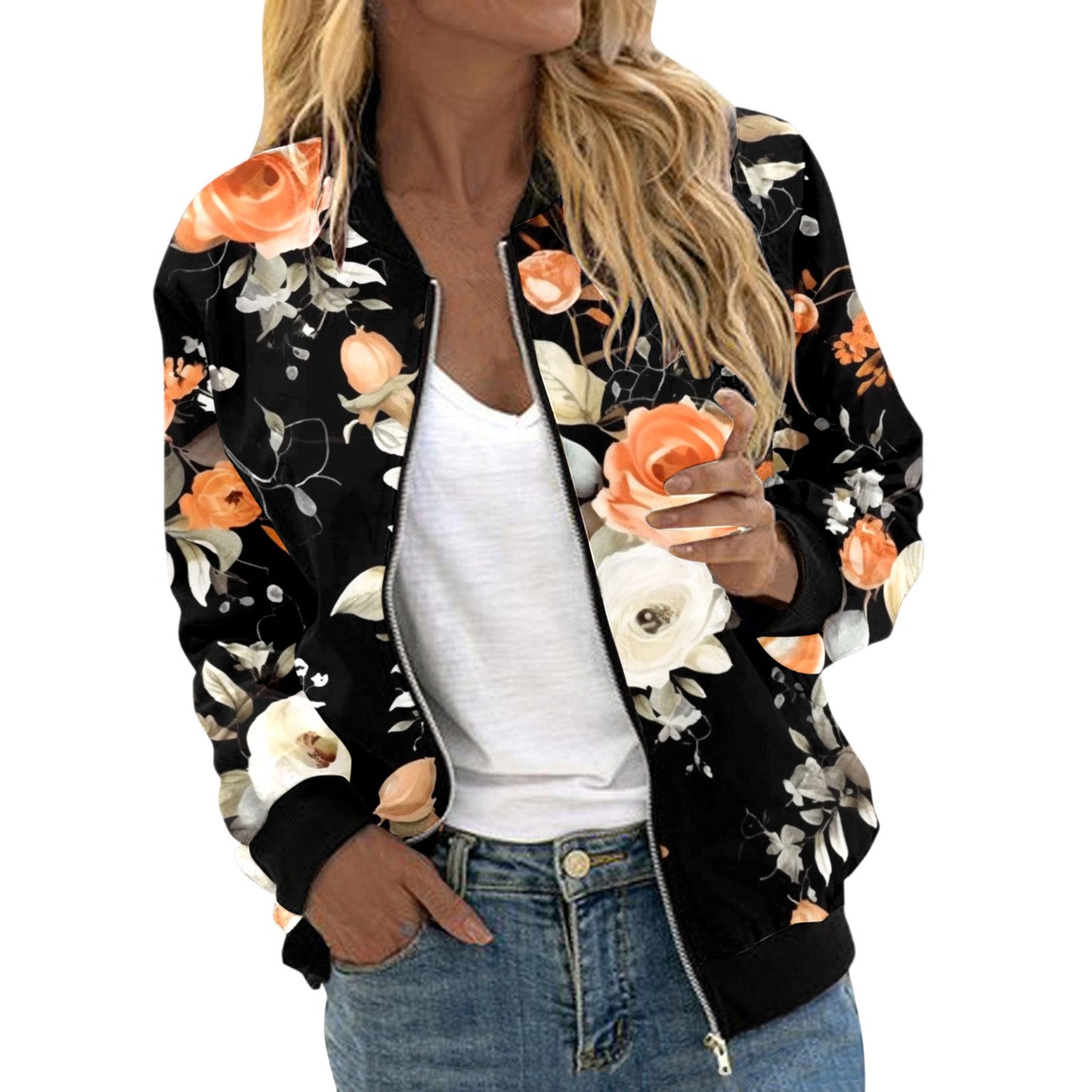 Autumn Bomber Jacket For Women Fashion Flower Print Outwear Stand Collar Zipper Baseball Coat Elegant Slim Basic Ladies Jackets