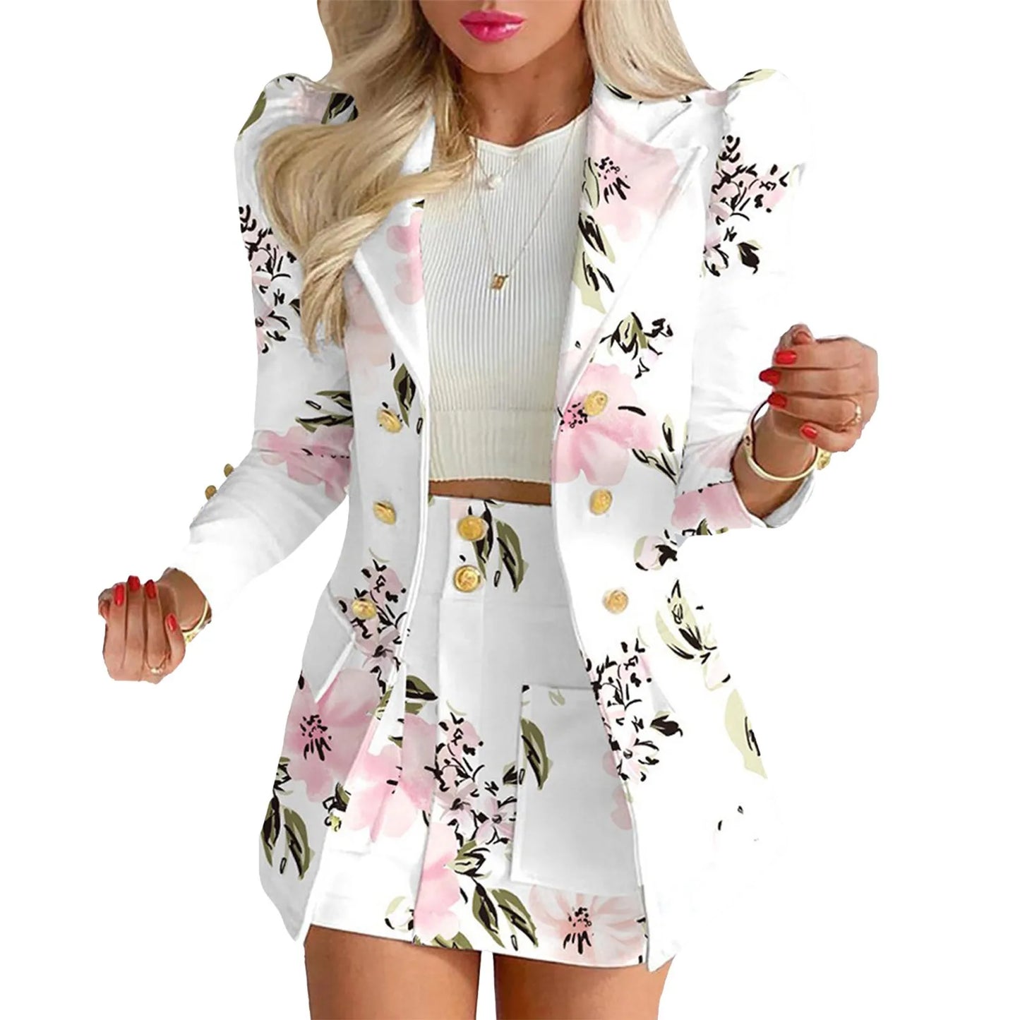 Long Sleeve Two Breasted Skirt Set Solid Color Jacket And Floral Skirt Two Piece Outfit Business Casual Elegant Sets