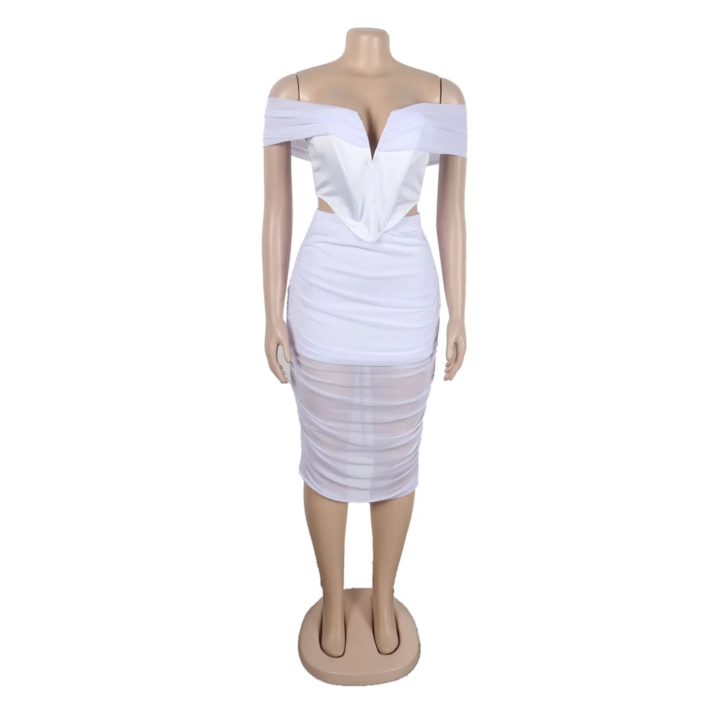 Slimming Mesh Splice Bum Covering Visibility Elastic Off-Shoulder 2-Piece Set European And American Style