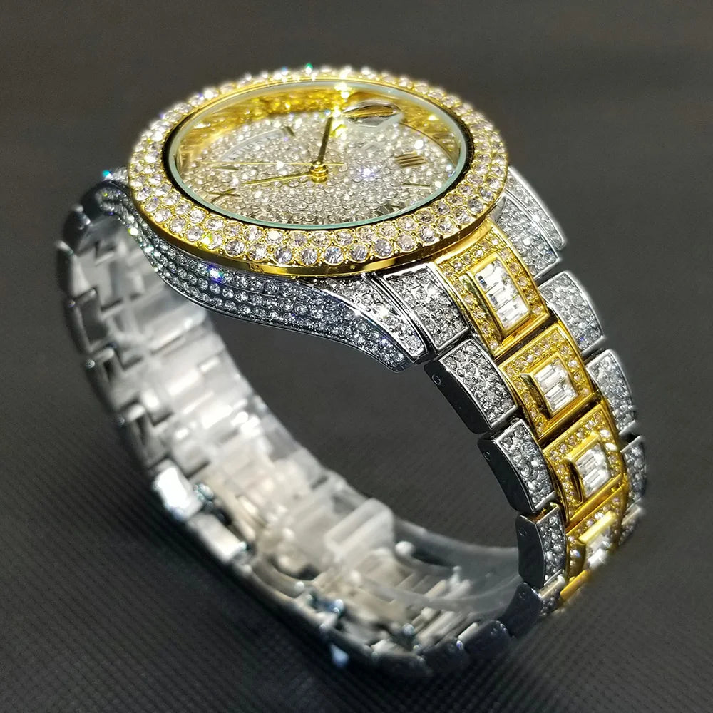 Diamond Wristwatch For Men Luxury 18K Gold Plated Quartz Watches Day Date Nightclub Party Watch Unisex Rapper Jewelry