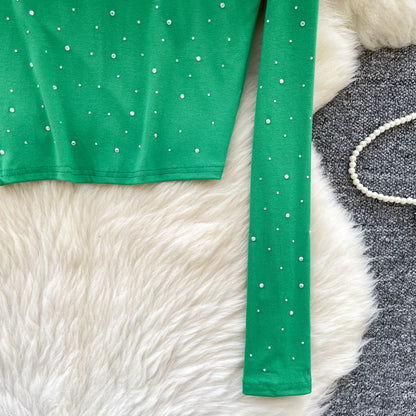 Long Sleeves Hotsweet O-neck Fashion Rhinestone Slim Top French Streetwear Sexy High Street Autumn Winter Women T-Shirts