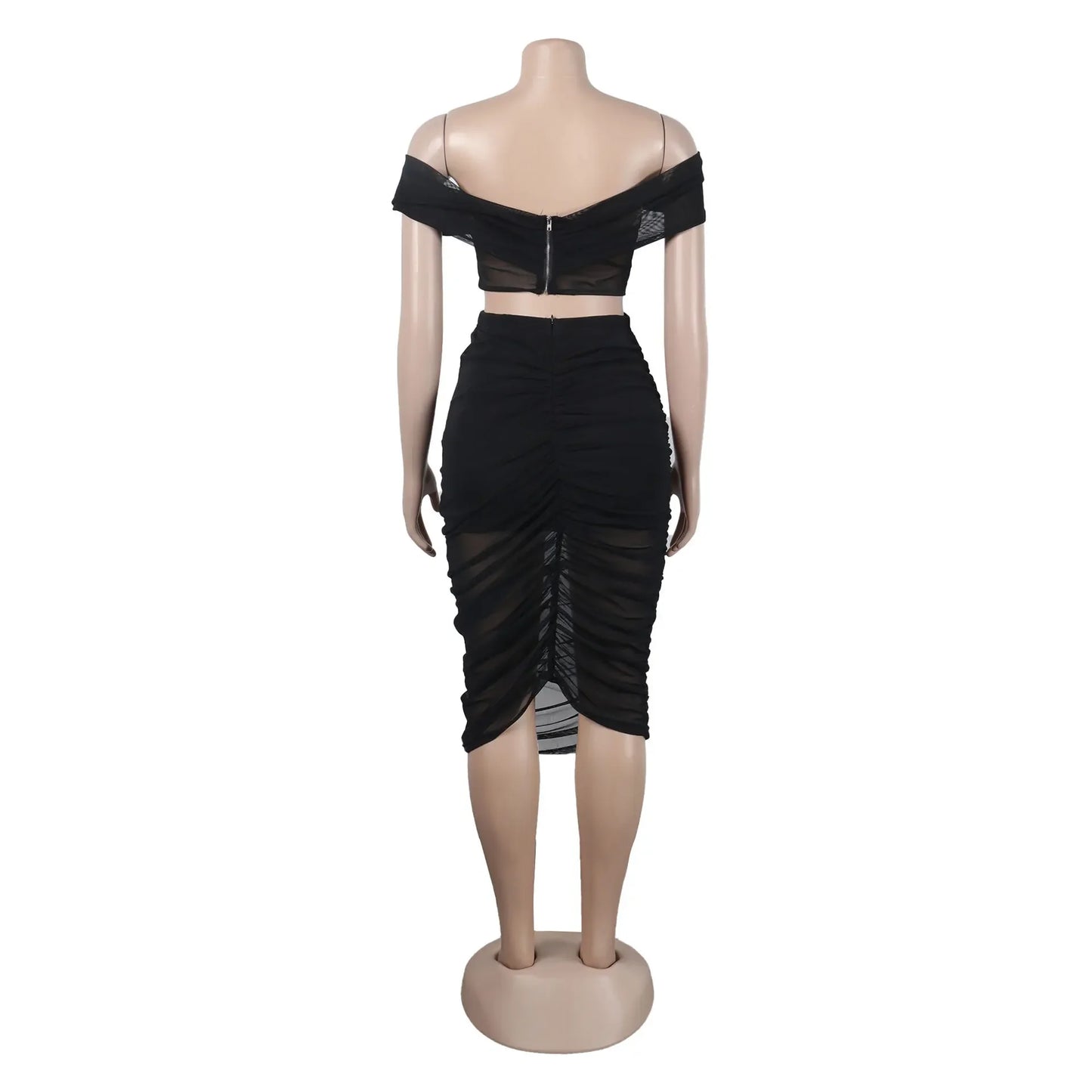 Slimming Mesh Splice Bum Covering Visibility Elastic Off-Shoulder 2-Piece Set European And American Style