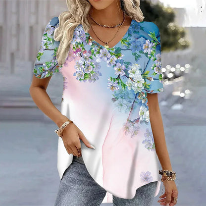 Butterfly Printed Short Sleeve T-shirt Korean Style Women's Clothes 2024 V-neck Short Sleeves Tees Shirt Loose Casual Blouses