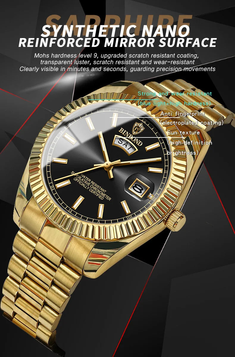 BINBOND Mens Quartz Watch Top Brand Sports Quartz Mens Watches Stainless Steel Waterproof Date Week Wristwatch Men Relogio