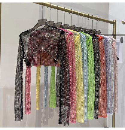 Bright diamond short top Slim thin Ms. hot drill long-sleeved T-shirt sexy leak waist nightclub