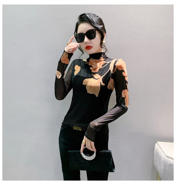 High Neck Long Sleeved Mesh Positioning Printed T-shirt Women Autumn Stretch Slim T Shirts Tops Female Base Tees HF8779