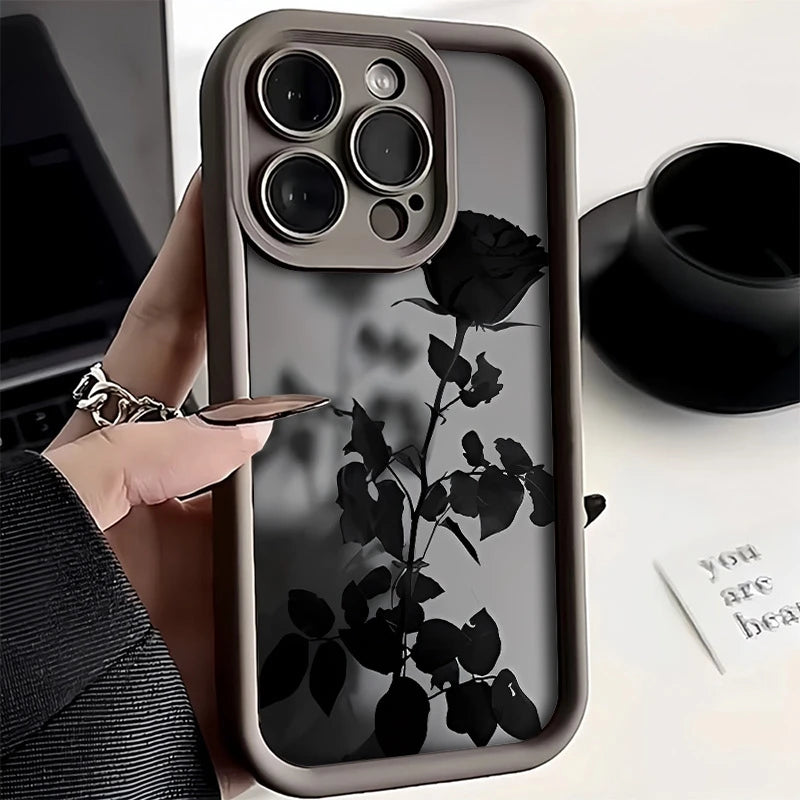 Minimalist Black Rose Pattern Phone Case For iPhone 17 16 15 14 Pro Max 13 12 11 XS X XR 8 Plus 16e 17 Air Shockproof Soft Cover