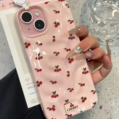 Cute Cherry Folds Texture Phone Case For iPhone 17 16 15 14 13 12 11 Pro Max 16 15 Plus Candy Color Shockproof Soft Back Cover