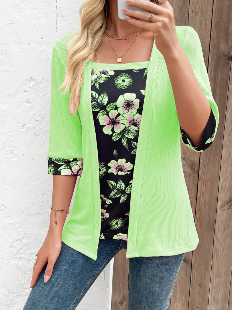 European,Clothes,Elastic,T-Shirt,Women,Chic,Sexy,Fake two pieces,Patchwork,Print,Tops,Half Sleeve,Loose,Tees,