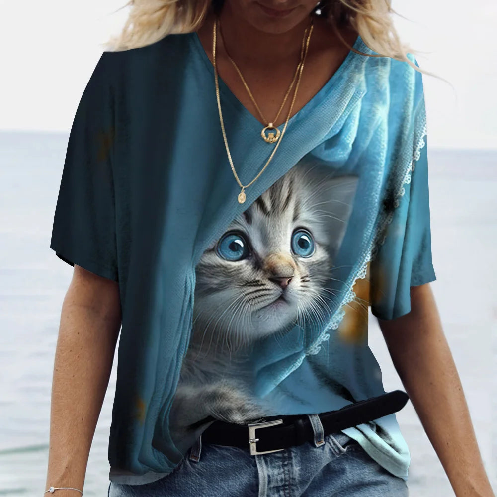 T-shirt Cat Print Short Sleeve Clothes Female Harajuku Tees Ladies T Shirt Oversized Tops Animal Women Clothing