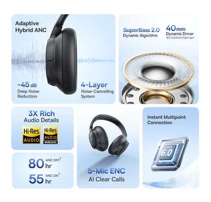 Baseus Bowie H1s Wireless Headphones Bluetooth 5.4 Noise Canceling 46dB Over Ear Headset Hi-Res Spatial Audio Earphone 120H Time