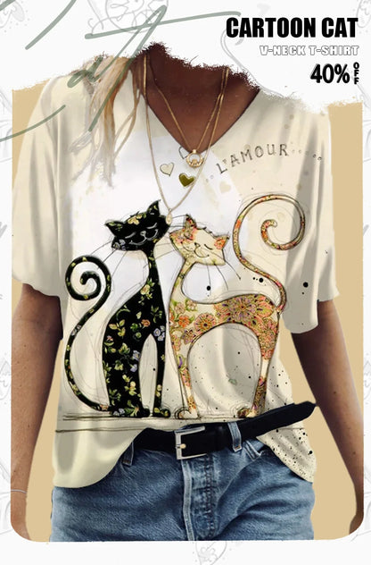 T-shirt Cartoon Cat Print Summer Short Sleeve V-Neck Kawaii Fashion Casual Tee Shirts With Cat Funny Femininity Clothing