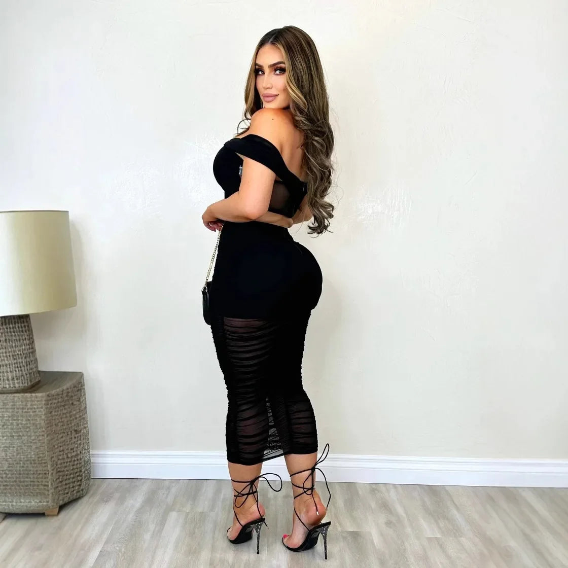 Slimming Mesh Splice Bum Covering Visibility Elastic Off-Shoulder 2-Piece Set European And American Style