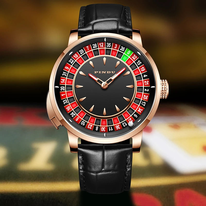 PINDU Player Series Mechanical Watches for Men European Roulette Game Dial Automatic Movement Funny Design Party  Watch