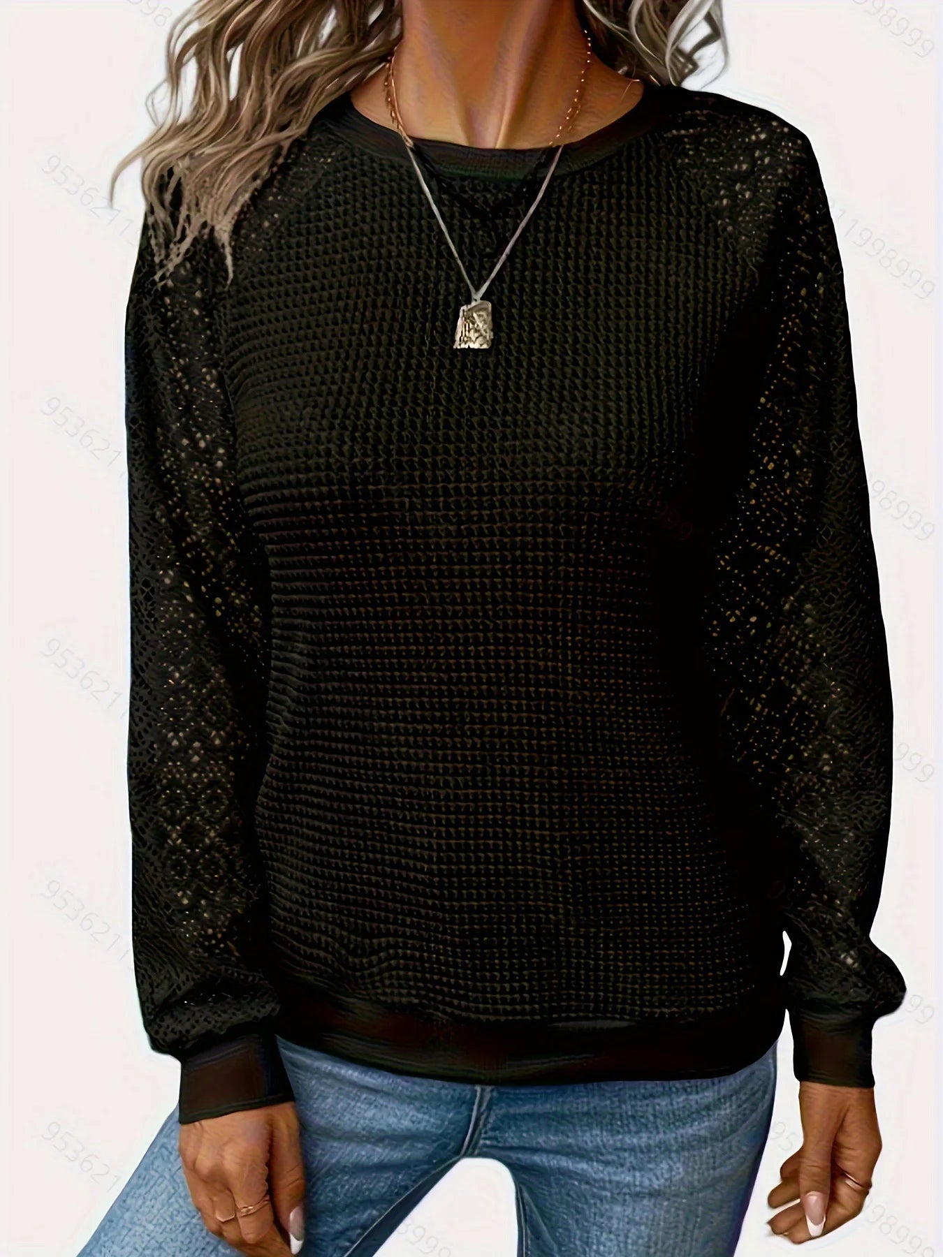 Solid Color Lace Long Sleeve Hollow Neck Casual Women's T-Shirt Top