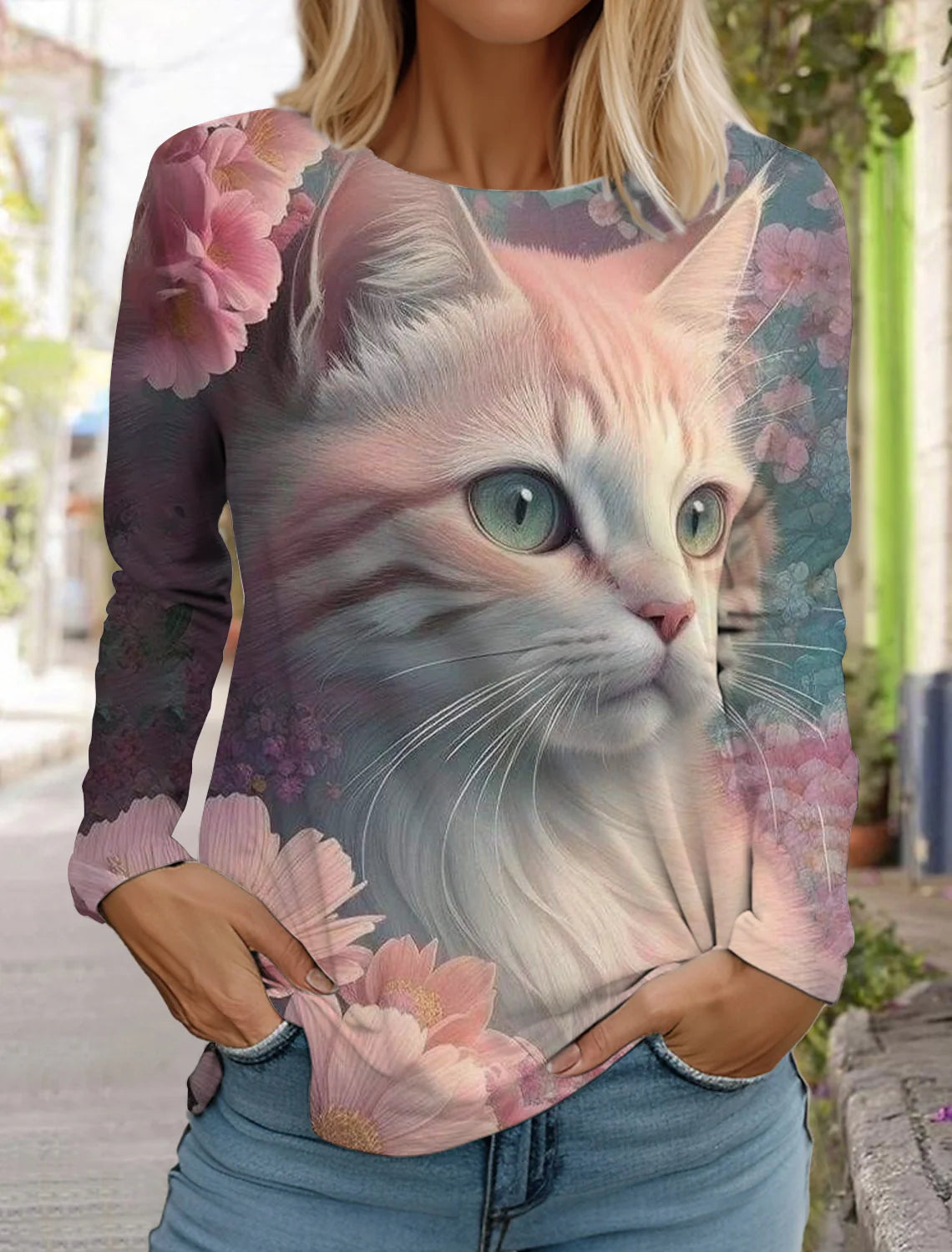 Long Sleeve 3D Printed Kitten Cute Print T-Shirt Women's Streetwear Round Neck Long Sleeve