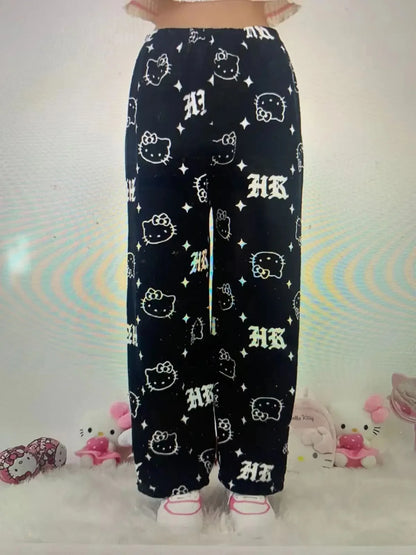 Sanrio Hello Kitty Anime Y2k Kawaii Flannel Pajamas Women'S Warm Woolen Cartoon Casual Home Pants Autumn Winter Fashion Trousers