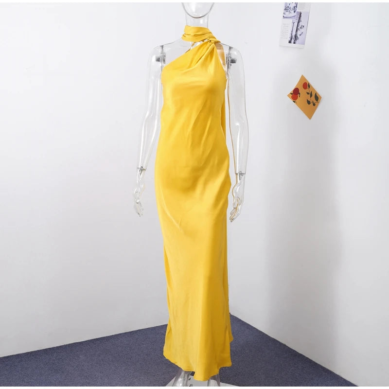 Elegant Ribbon Halter Dress Women Solid Off Shoulder Sleeveless Backless Slim Maxi Dresses 2025 Summer Autumn Party Robes Lady