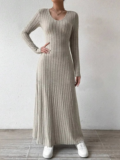 Knitted Long Sleeve A- Line Streetwear Dress For Women Smooths And Slims Your Silhouette Solid Color Long Dress
