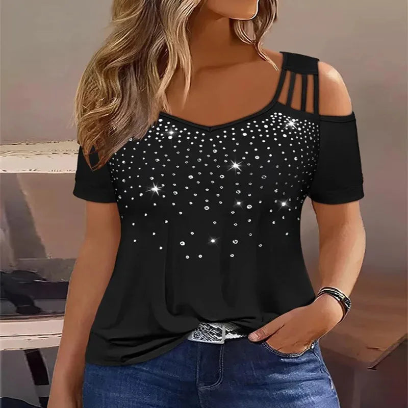 hot drill off-shoulder large size short sleeve T-shirt women's top