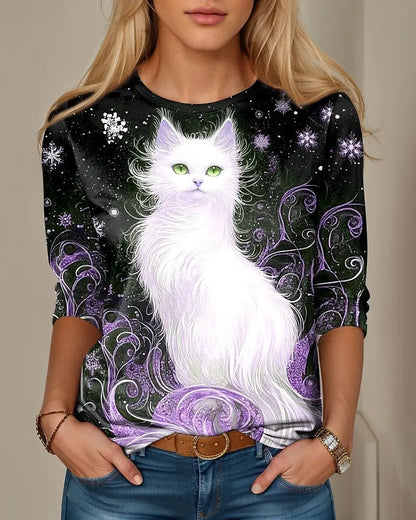 T-shirt Casual Long Sleeve Tops Animal Cat Graphic Tees Shirt Blouse O-neck Fall Winter Streetwear Style Y2K Pullover