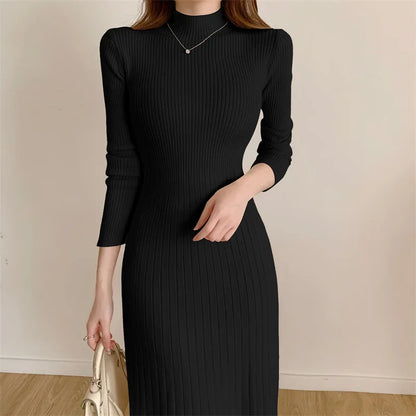 Slim Long Sleeve Party Midi Dress for Women Knitted Half High Collar Elegant Knitted Sweater Dresses Ladies
